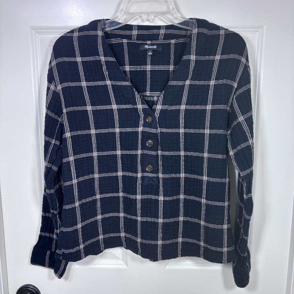 Madewell Lightspun Evert Popover Top Women’s M Windowpane Black
